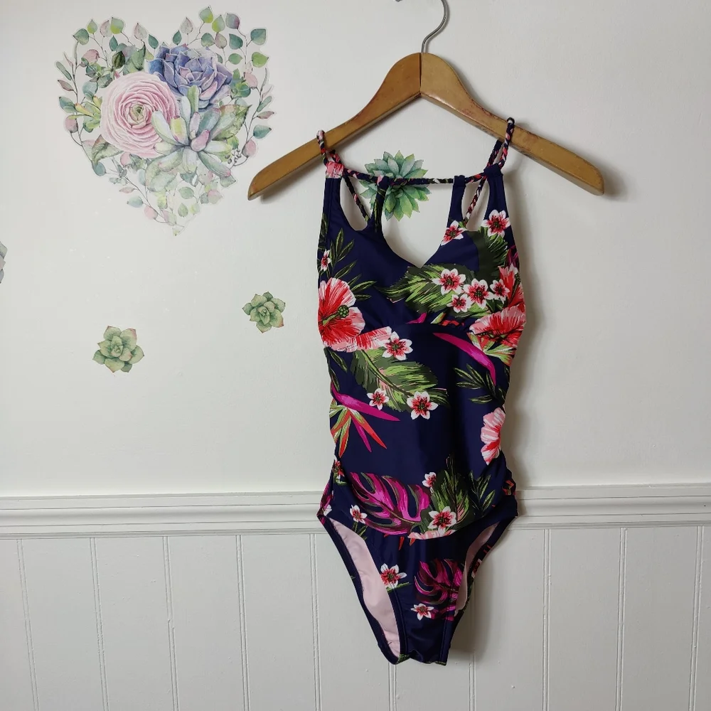 Kona Sol Swimsuit One Piece Keyhole Navy Floral Ruched Tie Open Back Bathing - Picture 1 of 7